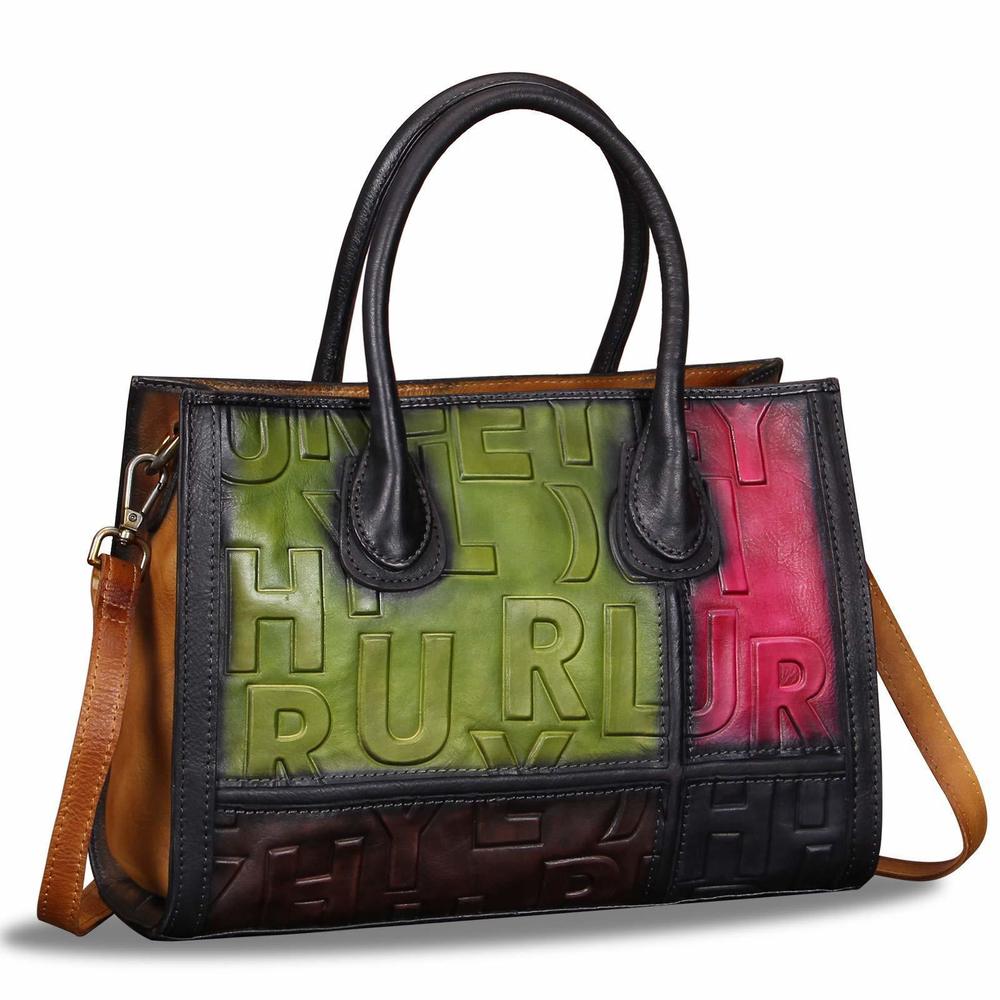 Purses For Genuine Textured Satchel Handbags Hand Painted Retro Top Handle
